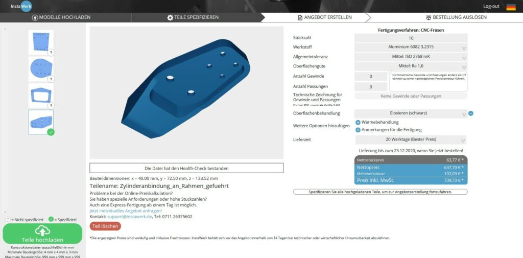 Neuer Online-Konfigurator für CNC-Bauteile mit Optionen für Nachbehandlungen