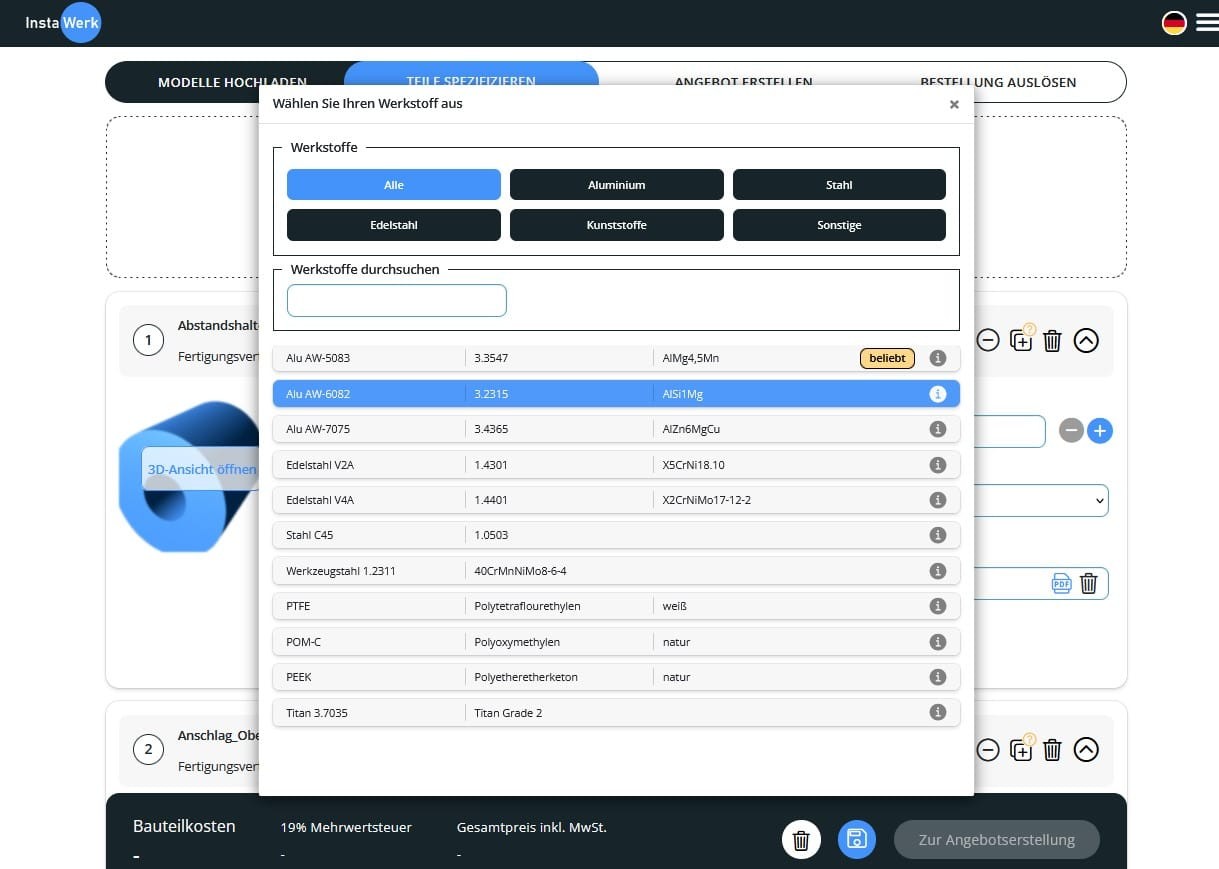 Konfiguration von Frästeilen in der Online-Maske
