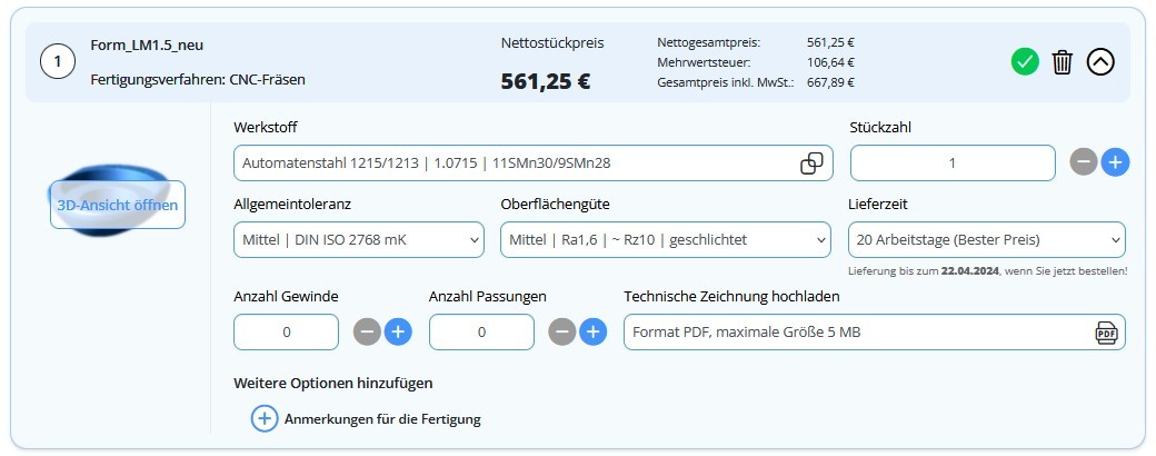 Bequeme Online-Kalkulation von Frästeilen