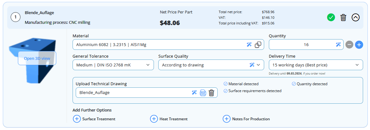 Interface of Instant Quote tool for CNC machining