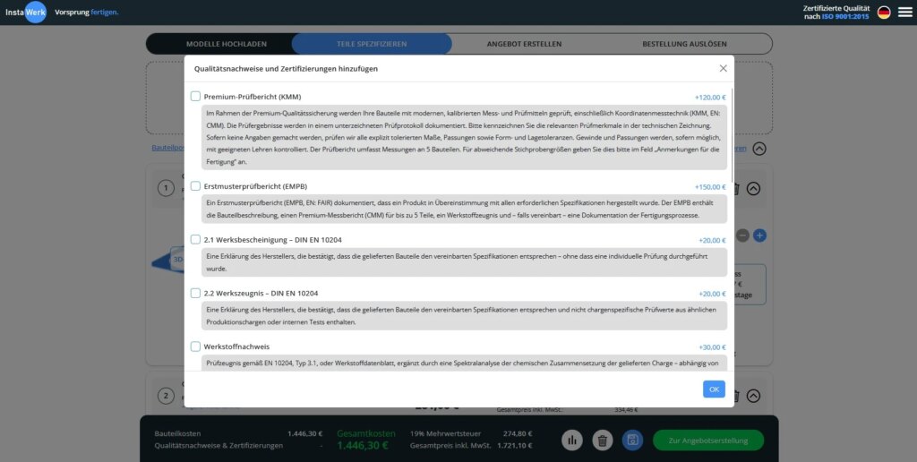 Qualitätsoptionen Qualitätsoptionen für Drehteile und Frästeile direkt online spezifizierbar