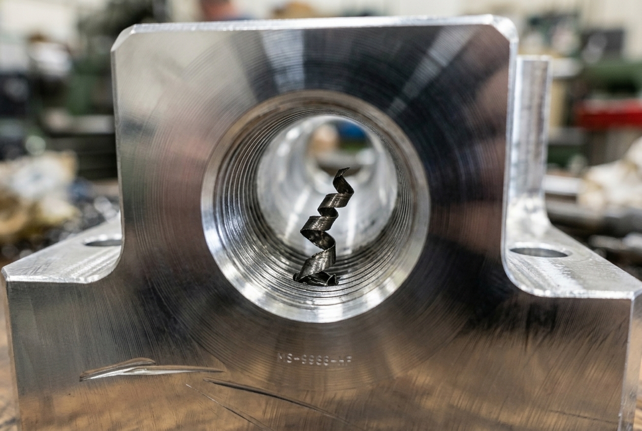 Close-up of a polished metal block with a threaded central bore containing a spiraled metal core inside the hole. | Frästeile online | Drehteile online bestellen bei InstaWerk