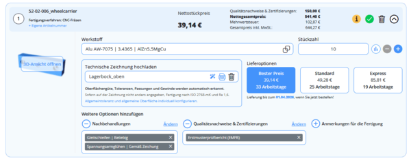 InstaWerk erlaubt die Online-Konfiguration, Kalkulaiton und direkte Online EBstellung von gefrästen und gedrehten Bauteilen